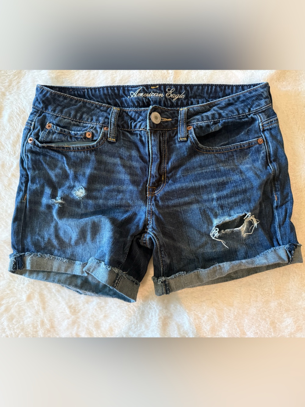 American Eagle Outfitters Navy Blue Distressed Cuffed Denim Shorts
